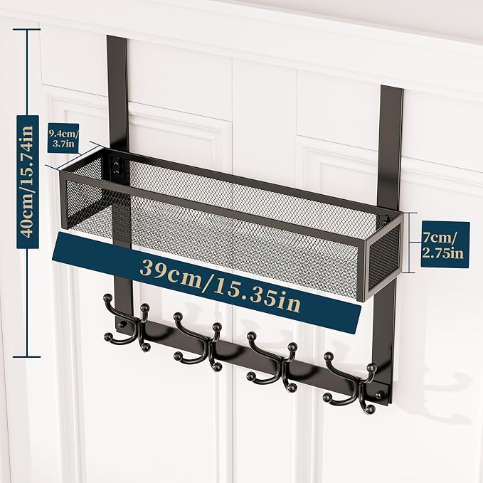 Consumest Over The Door Hooks Organizer - 2 Tier Over Door Hanger with 16 Hooks & 2 Baskets for Hanging Coat, Clothing, Towel, Back Storage for Bathroom, Closet, College Dorm, Black