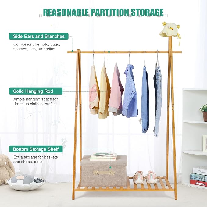 Jotsport Bamboo Kids Clothing Rack with Storage Shelf for Hanging Clothes | Small Child Garment Rack Toddler Wardrobe Closet for Play Room, Nursery, Baby Shower
