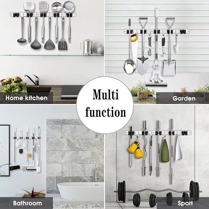 2 Pack Broom Holder Wall Mount, 5 Racks 4 Hooks Mop and Broom Organizer | Mop Holder Wall Mount and Broom Hanger for Garage, Laundry Room, Kitchen and Utility Storage