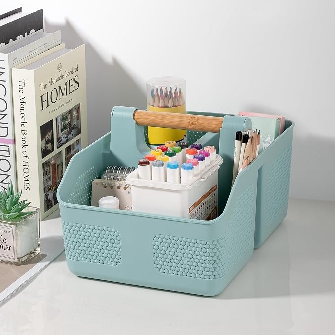 Plastic Shower Caddy Portable Shower Basket with Bamboo Handle, Blue | Cleaning Caddy Organizer Storage Tote for Bathroom, College Dorm Essentials, Bath Toy Storage