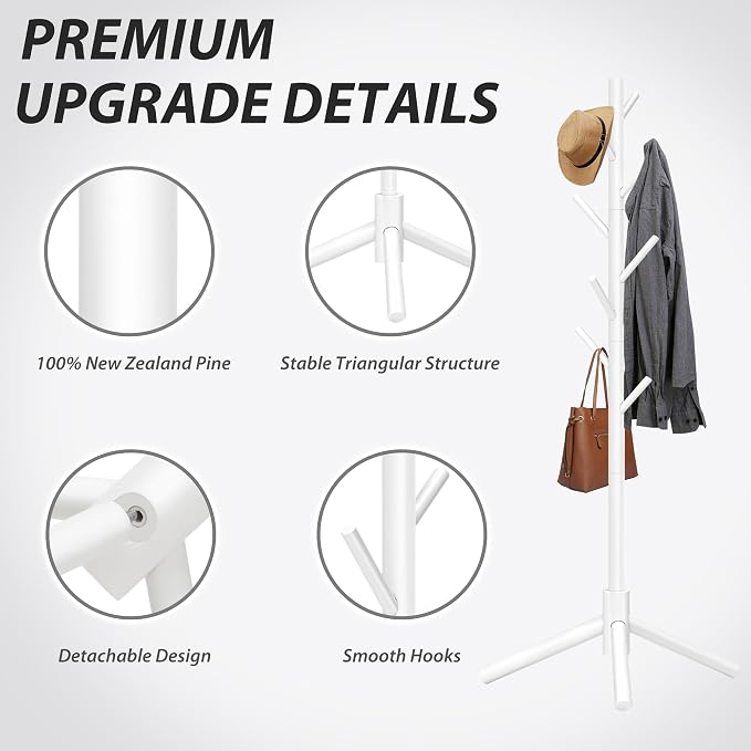 Unisakey 8-Hook Freestanding Wooden Coat Rack 3 Adjustable Heights White | Stable Triangular Base for Safety,Durable Construction,Simple Tool-Free Assembly,Ideal for Bedroom Hallway Office Entryway