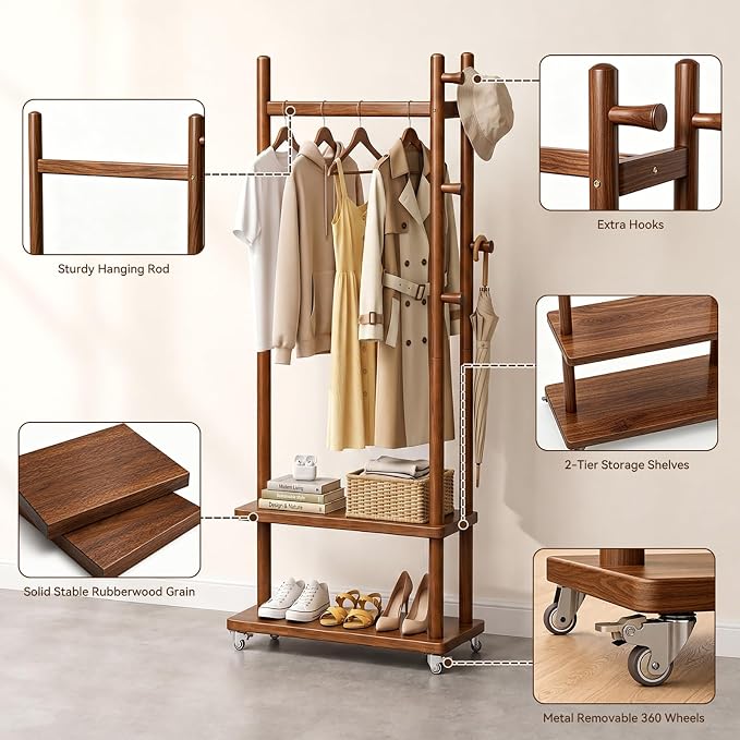 Taitiy Coat Rack Freestanding Wood Garment Rack 2 Shelves 5 Hooks | Bedroom hallway entryway living room hotel, durable wood construction, mobile wheel design, coats clothes bags storage