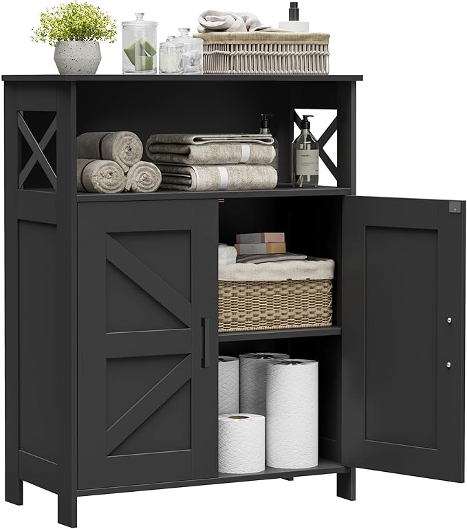 Homhedy Farmhouse Bathroom Storage Cabinet with Doors, Small Floor Cabinet | Toilet Paper Cabinet with Adjustable Shelf, Freestanding Storage Cabinet for Kitchen/Laundry/Living Room, 24"W, Black