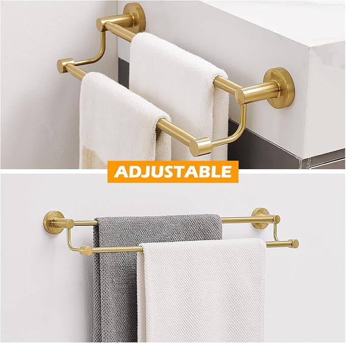 BESy Double Towel Bar Towel Rack for Bathroom Wall Mounted Brushed Gold | Adjustable 16-26 In,Wall Mounted Towel Holder, Stainless Steel, Rustproof, Towel Bar Rod Hanger Hardware Accessories Hotel