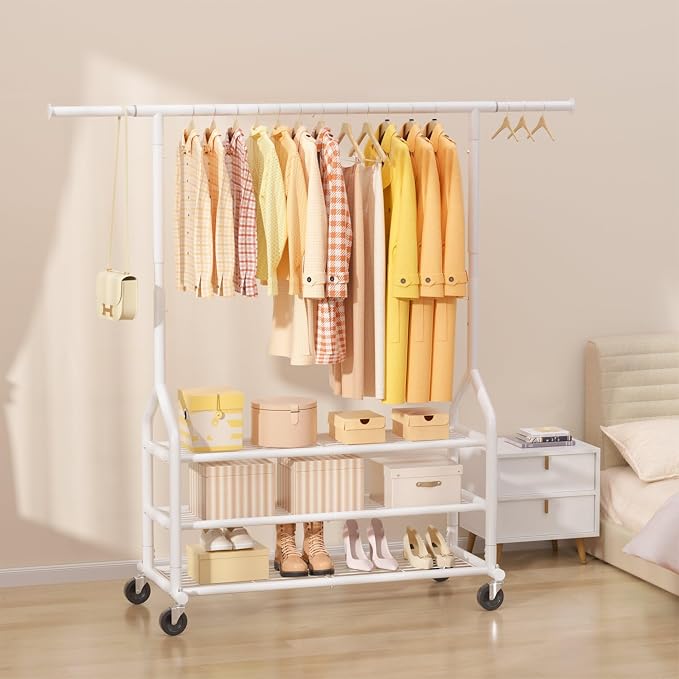 EAGMAK Heavy Duty Clothes Rack Load 688 LBS, Rolling Clothing Rack With 3 Shelves, Adjustable Metal Clothes Hanger with Wheels Portable Wardrobe Organizer Garment Rod for Hanging Clothes (White)