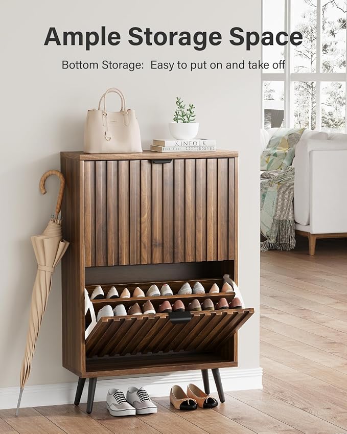 Smart FENDEE Fluted Shoe Storage for Entryway, Walnut Hidden Cabinet with Metal Legs, Organizer with Flip Doors, Slim Entryway Storage