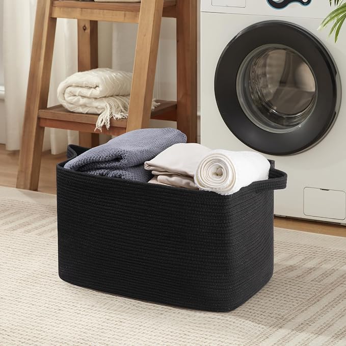 OIASKET 95L Large Blanket Basket, Black Blanket Storage Living Room, Rectangle Woven Baskets for Storage Toys, Towels, Dirty Clothes Organizer Bins (Black)