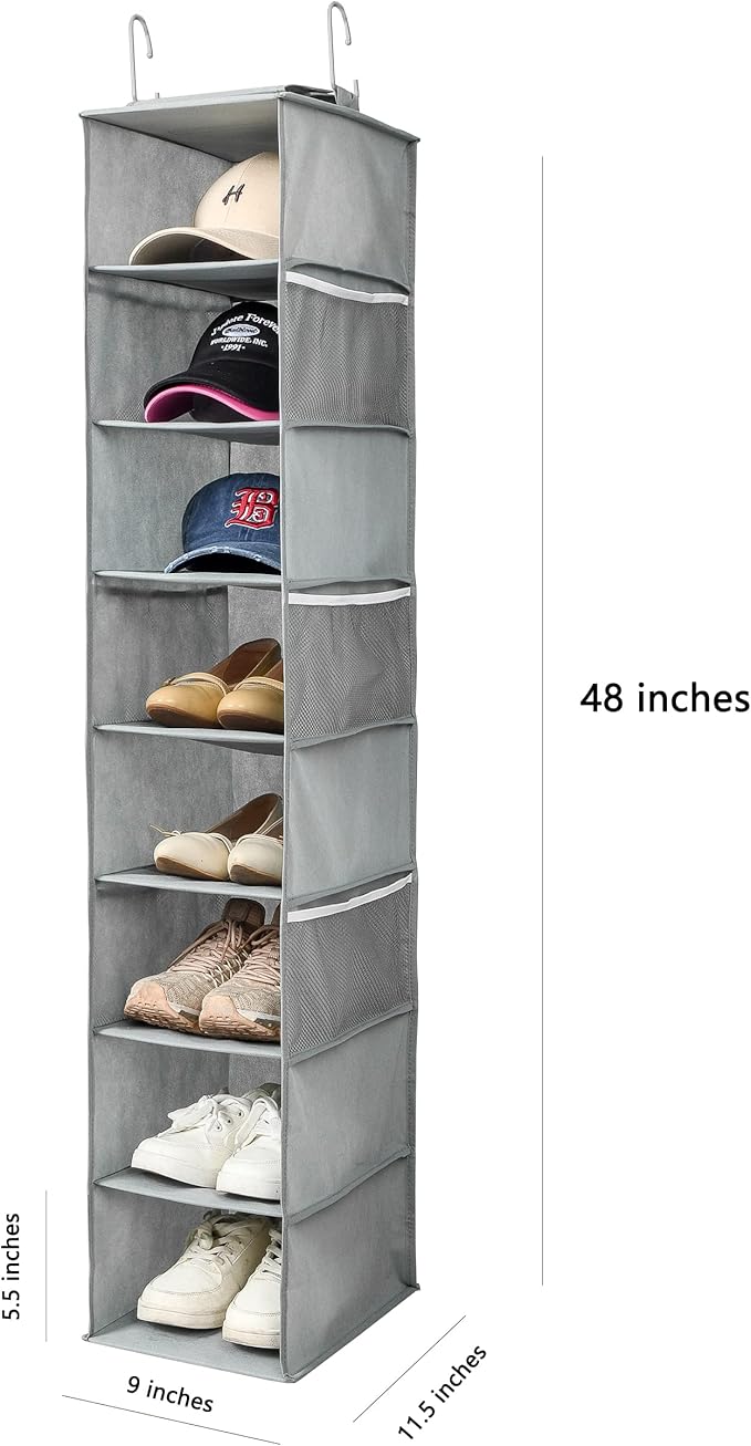 Berdeng Hanging Shoe Organizer for Closet with Side Mesh Pockets，Hat Racks for Baseball Caps，Shoe and Hat Holder & Storage，8-Shelf，Gray，1 Pack