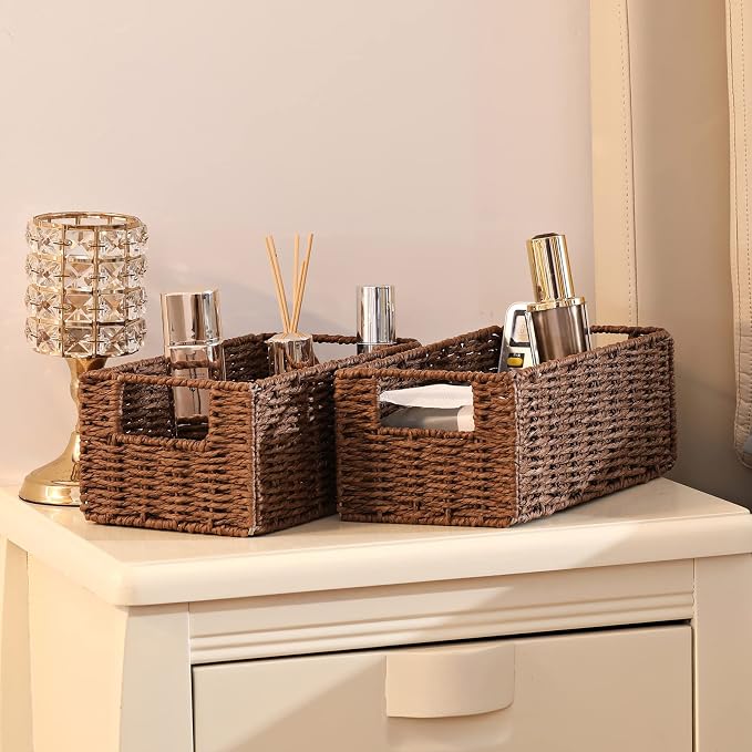 Vagusicc Wicker Storage Basket, Set of 2 Hand-Woven Paper Rope Wicker Basket, Small Storage Baskets for Organizing Toilet Paper Basket, Foldable Large Cube Storage Organizer Bins for Shelves (Brown)