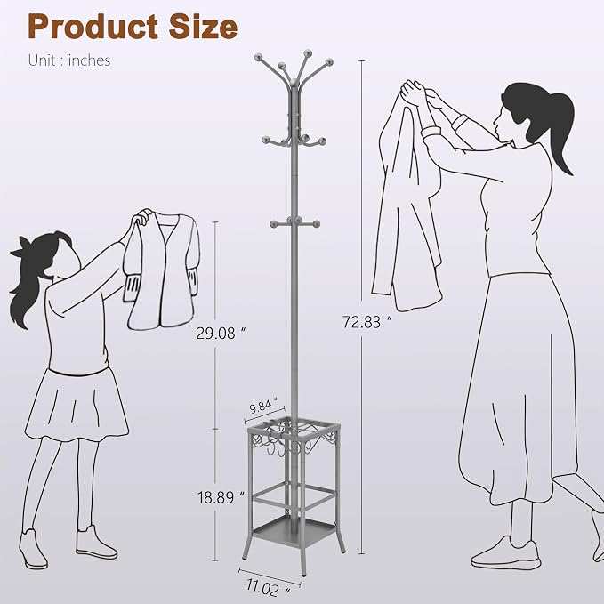 Hoctieon Coat Rack Freestanding, Coat Tree with Umbrella Holder | Metal Coat Rack Stand with 12 Hooks, Standing Coat Hanger Stand, Umbrella Stand for Entryway, Hat Rack Stand for Home Office