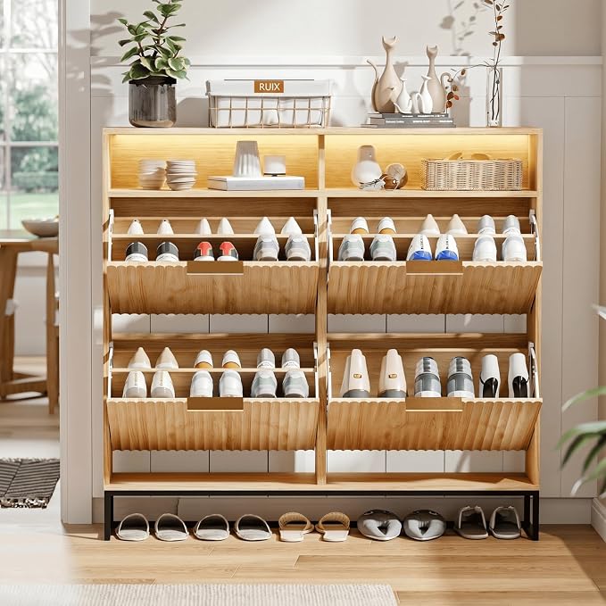 VINGLI Fluted Shoe Cabinet for Entryway, Narrow Hidden Shoe Storage Organizer with 4 Flip Drawers & 16-Color LED Lights, Mid Century Modern Slim Freestanding Shoe Rack with Cubby, Natural Oak