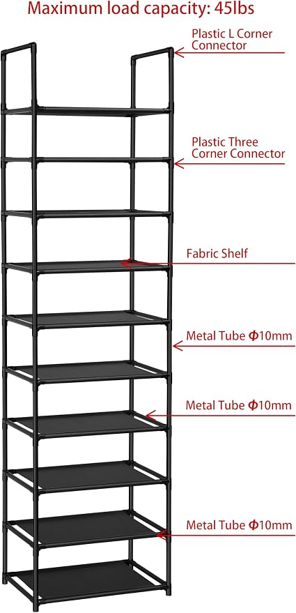 FIDUCIAL HOME 10 Tiers Shoe Rack Organizer 20 Pairs Tall Shoe Shelf | Tall Narrow Space Saving for Closet Entryway Dorm, Easy to Assemble, 17"L x 11"W x 68.8"H, Black