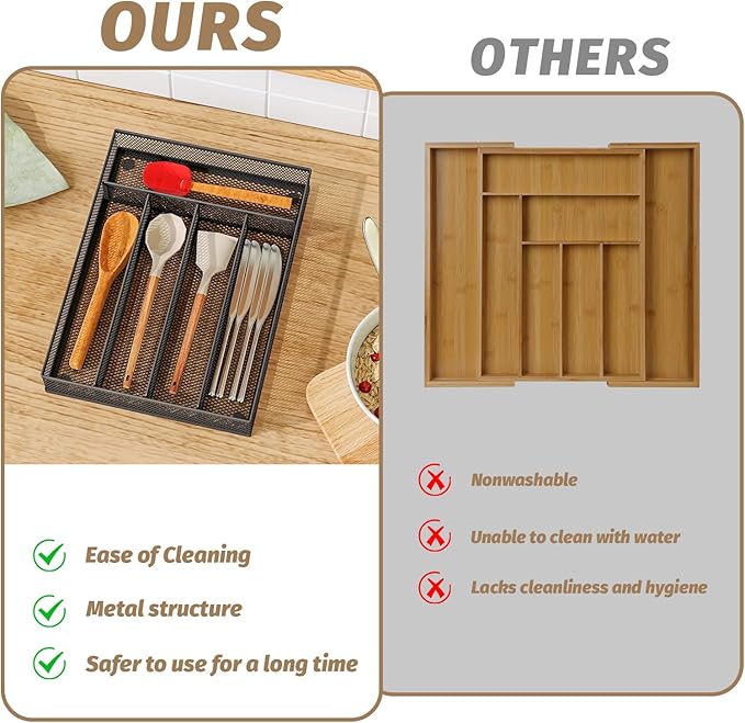 Sedegn mesh silverware tray for drawer: 5 Compartments for Easy Sorting | Sized at 9.3" x 12.6" for kitchen drawers with non-slip feet, metal mesh design for easy cleaning, organizing flatware Black