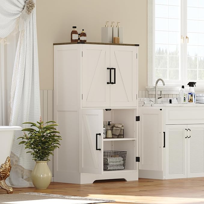 Treocho Farmhouse Bathroom Floor Cabinet with Adjustable Shelves | 11.81"D x 23.62"W x 43.46"H, Freestanding Kitchen Pantry Cabinet, Cupboard for Living Room, Dining Room, White