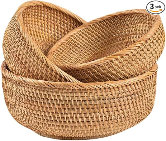 Rattan Bread Basket, Hand Woven Fruit Basket, Wicker Serving Basket Bowl, Decorative Baskets for Kitchen Counter Organizing, Set of 3 (Round)