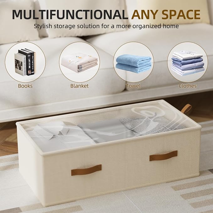 10inch 3 Pack Under Bed Storage Containers, 10 Inch Tall Underbed Clothes Storage Organizer Bin with Clear Window，Foldable Box Basket for Clothes, Closet, Bed Sheets and Blankets Beige