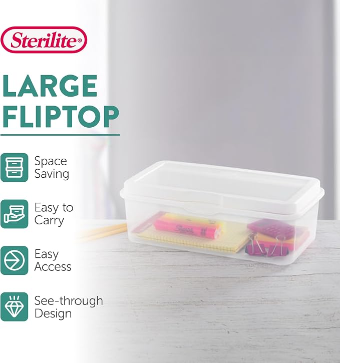Sterilite 6-Pack Rectangular Large FlipTop, Clear Plastic Storage Box with Hinged Lid - Stackable Multipurpose Organizer for Art and Craft Supplies, Accessories, Photos & CDs, Home or Office Use