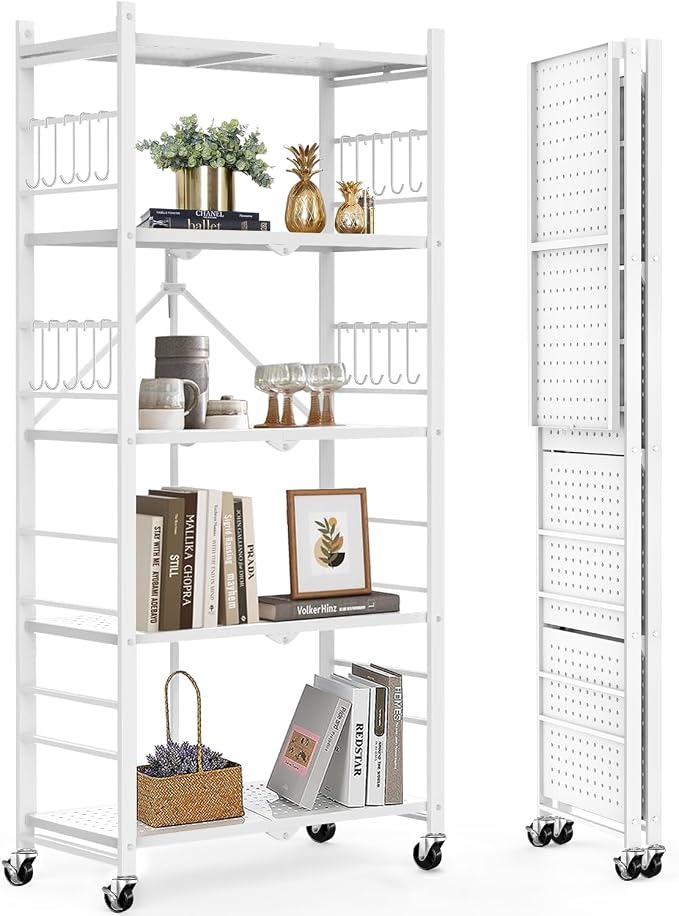 Himix Storage Shelves with 20 Hooks, 5-Tier Foldable Shelves for Storage, Collapsible Organization Rack Bookshelf 440 Ibs for Kitchen Garage Home Room, White - No Assembly