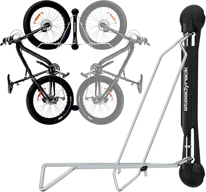 Steadyrack Fat Bike Wall Mount, Vertical Storage for 2.8 to 4.5 in Tires | Holds fat bikes and fat e-bikes without fenders. Roll-in, no lifting, folds flat, chrome-plated steel for garage use.