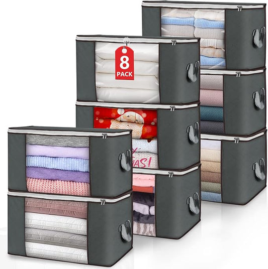 90L Large Storage Bags, 8 Pack Clothes Storage Bins Closet Organizers | Foldable Storage Containers, with Reinforced Handle, for Clothing, Blanket, Comforters, Bed Sheets, Pillows and Toys,Gray