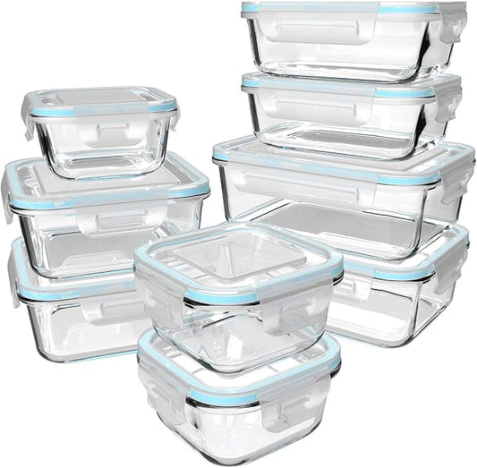 18 Piece Glass Food Storage Containers with Lids, Glass Meal Prep Containers, food storage Containers for Food Storage, BPA Free & Leak Proof (9 lids & 9 Containers)