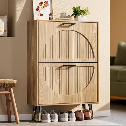 Farmhouse Shoe Cabinet Storage for Entryway, Slim Shoe Rack Cabinet with 2 Flip Drawers, Narrow Shoe Organizer Cabinet with Stylish Round Panel, Metal Leg and Handle