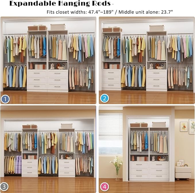 Closet System with Drawers, closet organizer system,2 Sets 4-15FT | 6 Wooden Drawers Storage, 10 Expandable Hanging Rods,Wall Mount, White