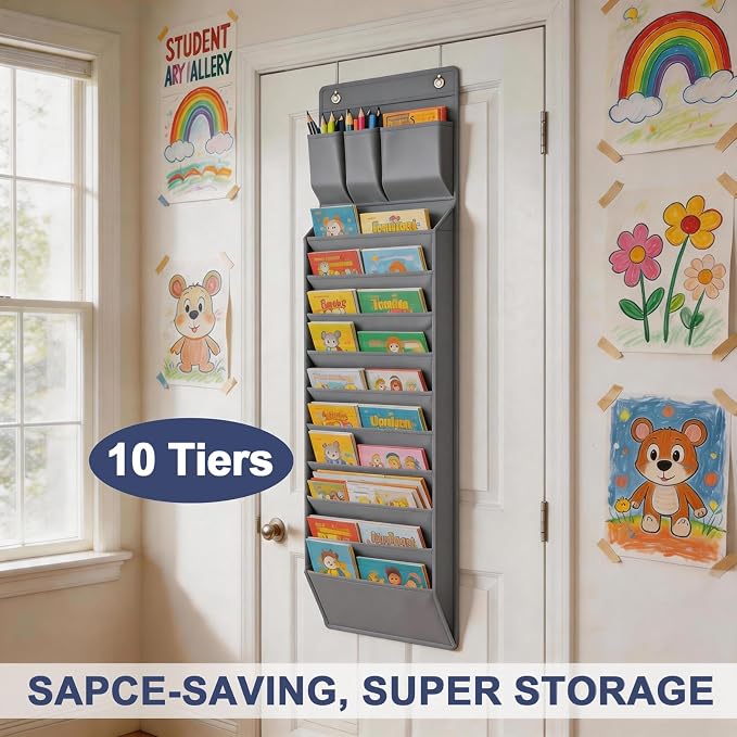 Over Door Hanging File Organizer, 10 Extra Large Pockets (Grey) | Wall file organizer, 10 extra large pockets, heavy-duty fabric. Hanging folders for mail, magazines.13.78"W × 51.18"H