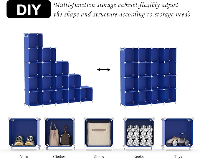 AWTATOS Cube Storage Organizer, Closet Organizers Storage Shelf, 16 Cube | DIY Stackable Storage Cube Shelves, Plastic Clothes Organizer Shelving for Bedroom, Home Office, Blue