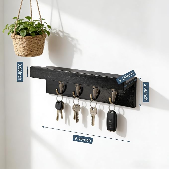 Gulex Key Holder Wall Mount, Rustic Wooden for Organize Keys and Mail Black