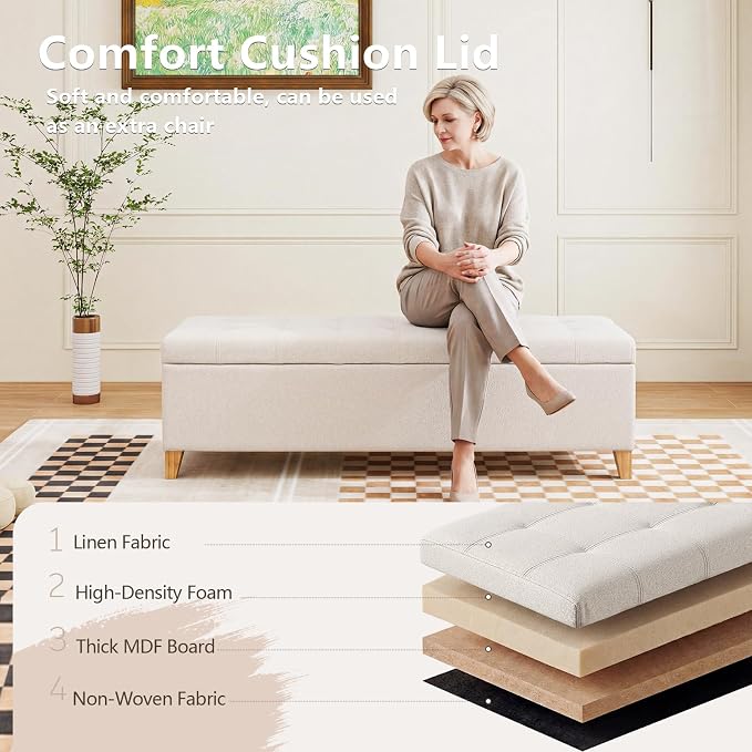 Joveco Storage Ottoman Bench, 51" Linen Rectangle Long Bench, for Bedroom, End Foot of Bed, Living Room, Entryway, Beige