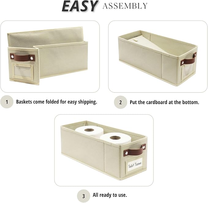 DECOMOMO Narrow Storage Bins, Small Basket with Handles (Beige, 4 Pack) | 15 x 5.9 x 5.5 inches Storage Basket, Fabric Storage Bins with Labels
