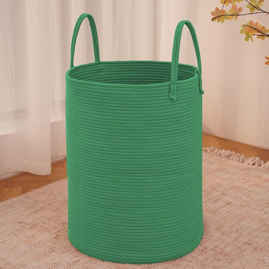 JMvicyroam 80L Cotton Rope Laundry Basket Hamper, Dark Green | Collapsible laundry basket, reinforced handles, freestanding, machine washable, holds 3-5 thick blankets, clothes or toys