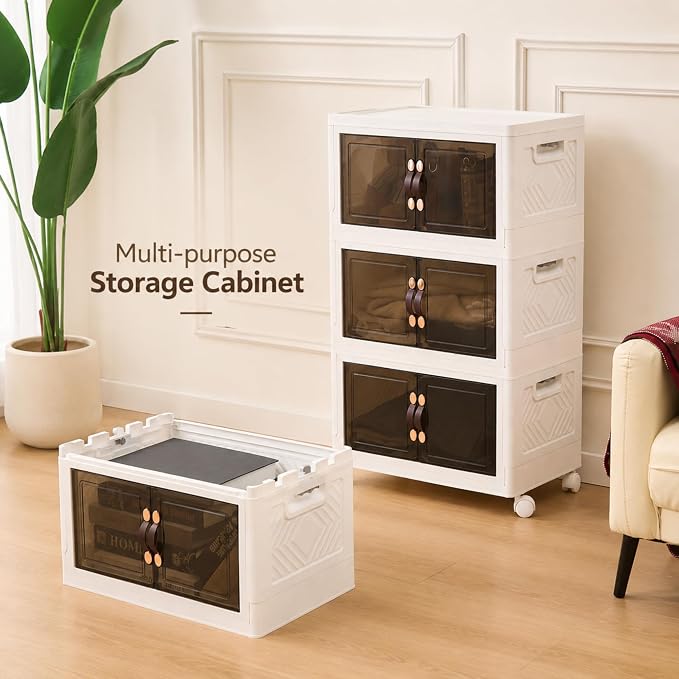 4 Tier Stackable Storage Bins with Lids, Total 199QT (4x49QT) Foldable Closet Organizer with Wheels, Collapsible Plastic Storage Boxes for Clothes, Toys, Kitchen, Office, and Dorm Room