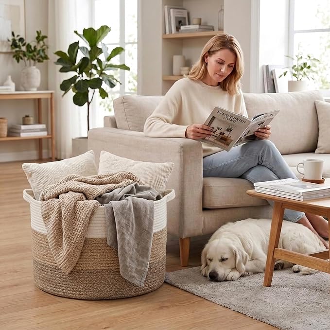 115L Extra Large Blanket Basket,Woven Rope Laundry Basket-Mix Brown | Collapsible Nursery Storage Bin with Sturdy Handles, Organizes Clothes, Toys and Pillows for Living Room, Bedroom, Bathroom