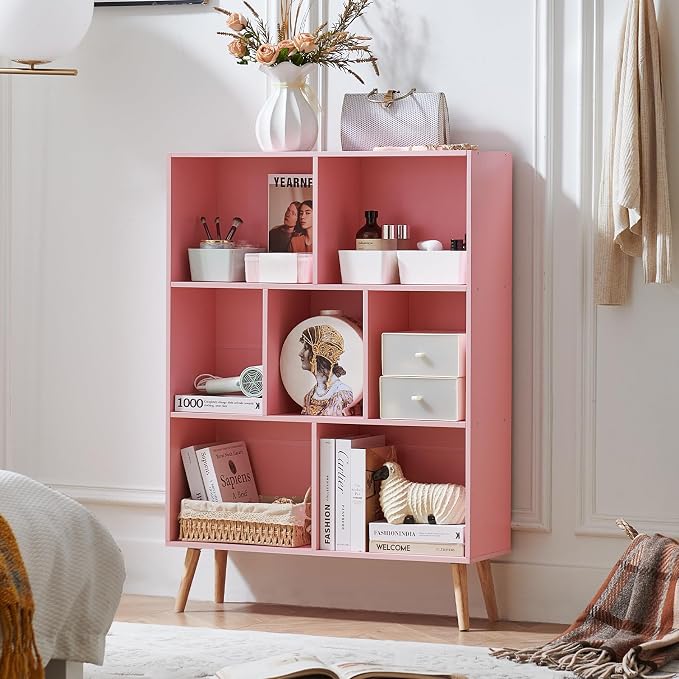LEYAOYAO Cube Bookshelf, Mid-Century Modern Book Shelf with Legs,Light Pink | 3 Tier Bookcase, Rustic Wood Bookshelves Freestanding Small Storage Organizer, Open Shelves for Bedroom, Living Room, Office