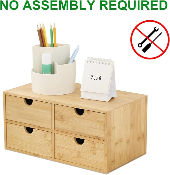 Bamboo Desk Drawer Organizer, Desktop Organizer with Drawers T(4 Drawes) | 4 Drawers Open Top Tray Fully Assembled Stores Pens, Notes, Makeup, Jewelry & Toiletries for Office, Vanity & Bath