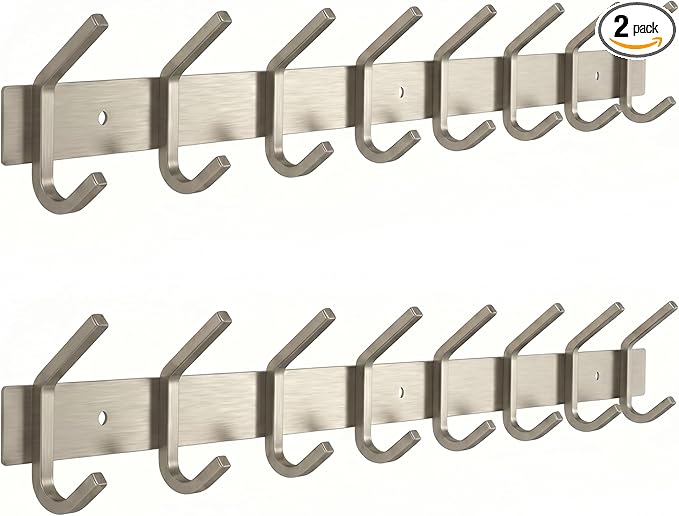 Coat Rack Wall Mount – Brushed Nickel 24 Inch Stainless Steel Hook Rail with 8 Heavy Duty Double Coat Hooks – Wall Mounted Coat Hanger for Entryway, Bathroom, Bedroom, Towel, Hat Organizer - 2 Pack