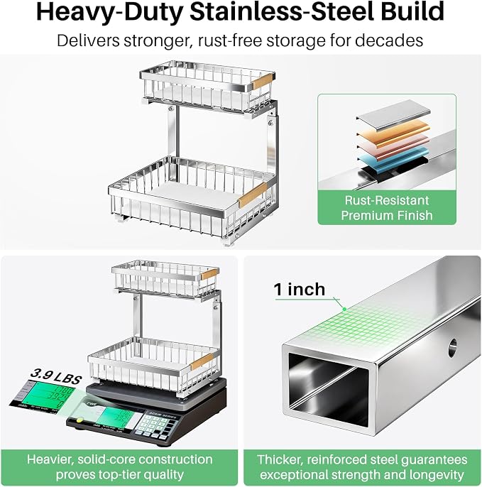 Kitstorack Under Sink Organizer, 2 Tier Under the Sink Storage, Slide out Pull out Cabinet Organizer Shelf, Metal Sliding Drawer for Kitchen Bathroom Pantry Closet Organization Rack, Silver, 2 Pack