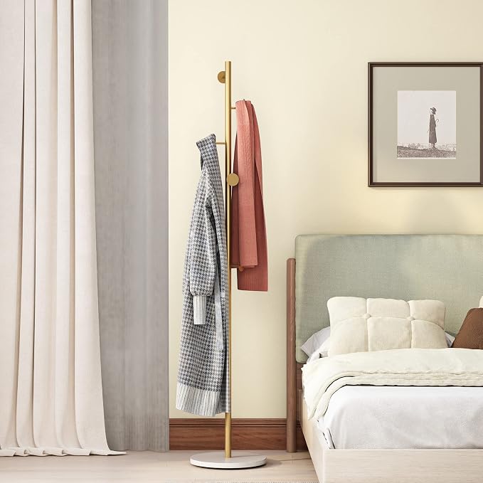Gold Coat Racks with 7 Hooks, Branches Coat Tree Entryway, Freestanding | Modern Hat Rack, Easy to Assemble, Heavy Stable Marble Base