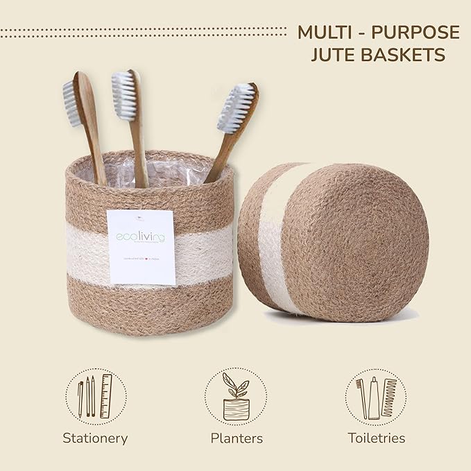 Jute Small Plant Pots Set of 2, 6.5 inches- White & Natural Jute | Jute Planter Basket-Woven Rope Covers for Decorating Indoor/Outdoor Succulents Multi-Purpose Storage Bins Modern Style Decor