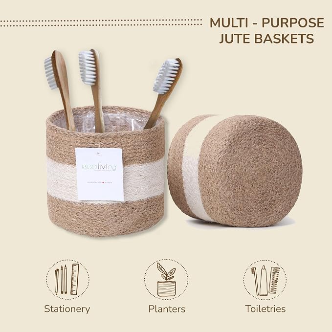 Jute Small Plant Pots Set of 4, 6.5 inches- White & Natural Jute | Jute Planter Basket-Woven Rope Covers for Decorating Indoor/Outdoor Succulents Multi-Purpose Storage Bins Modern Style Decor