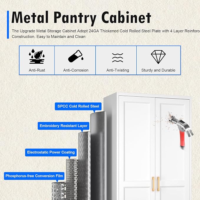 Polup White Kitchen Pantry Cabinet, 71 Inch Tall Metal Storage Cabinet with Doors and Shelves, Pantry Cabinets for Kitchen Storage, Freestanding Cupboard for Living, Dining Room, Assemble Required