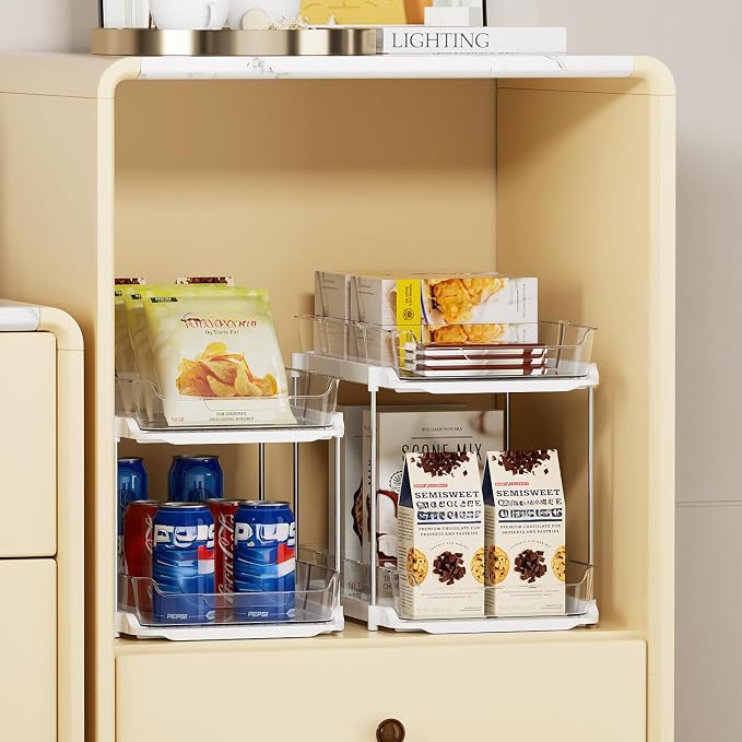 Delamu 3 Pack 2-Tier Bathroom Under Sink Organizers and Storage, Multi-Purpose Stackable Pantry Organization and Storage, Pull Out Clear Kitchen Bathroom Cabinet Organizer with Movable Dividers, White