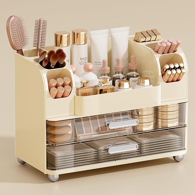 UFORU Makeup Organizer Countertop with 2 Large Drawers for Vanity Bathroom | Brush Holder, Large Capacity, Thickened Plastic, Compact Footprint, Space-Saving Design, Easy Clean, Ideal for Dorm Rooms