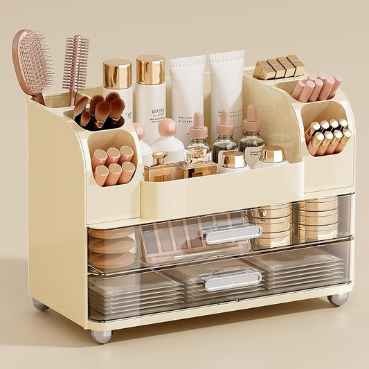 UFORU Makeup Organizer Countertop with 2 Large Drawers for Vanity Bathroom | Brush Holder, Large Capacity, Thickened Plastic, Compact Footprint, Space-Saving Design, Easy Clean, Ideal for Dorm Rooms