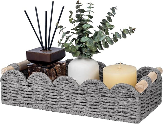 CubesLand Toilet Paper Storage Basket Organizer, Small Wicker Decor Basket | Toilet Tank Top Decorative Basket for Countertop, Handwoven Scalloped Basket W/Handle for Home Decor Living Room, Grey
