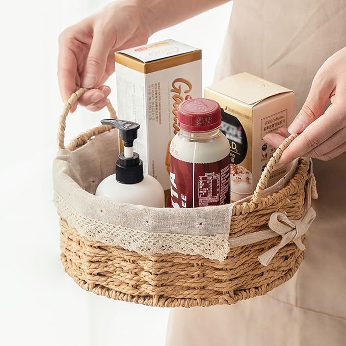 GIB Small Wicker Storage Baskets for Organizing, Round Woven Baskets with Handles & Liners, Decorative Boho Paper Rope Cute Baskets for Gifts, Decor, Pantry Table, Serving Trays, Set of 2