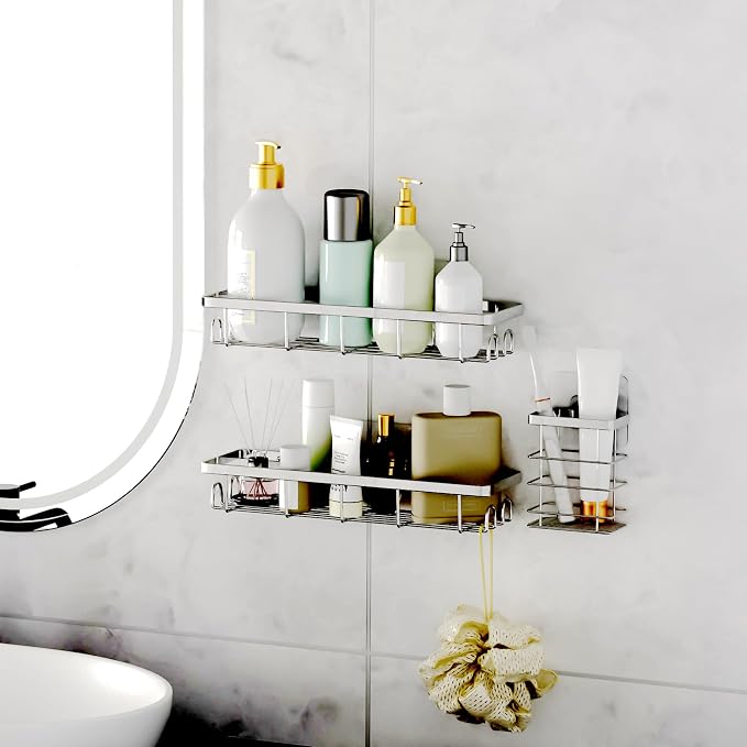 Shower Caddy Organizer with Hooks,Self Adhesive Bathroom Shelves,Shower Shelves,No Drilling Bathroom Organizers and Storage,Perfect for RV, Apartment, Home Decor,Silvery 3PK