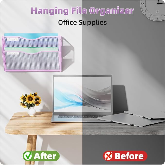 Marbrasse Wall File Holder 2-Tier Hanging Wall File Organizer, Mesh Mail Holder for Papers, Wall Mount File Clipboard & Magazine Organizer Great for Office Home - 2P(Purple)